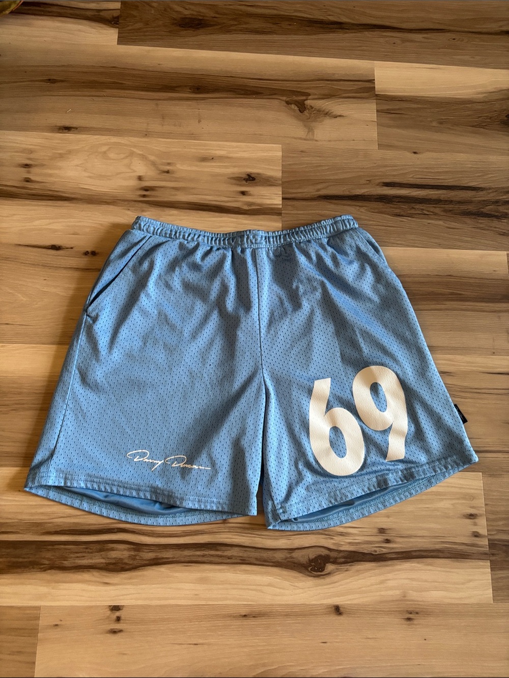 Danny Duncan Men's Athletic Mesh Shorts in Light Blue with White '69' Graphic